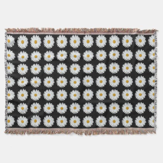 White Daisy Floral Pattern on Black Deken (Voorkant)