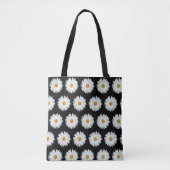 White Daisy Floral Pattern on Black Draagtas (Voorkant)
