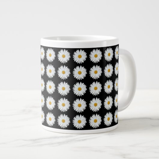 White Daisy Floral Pattern on Black Extra Grote Beker (Voorkant rechts)