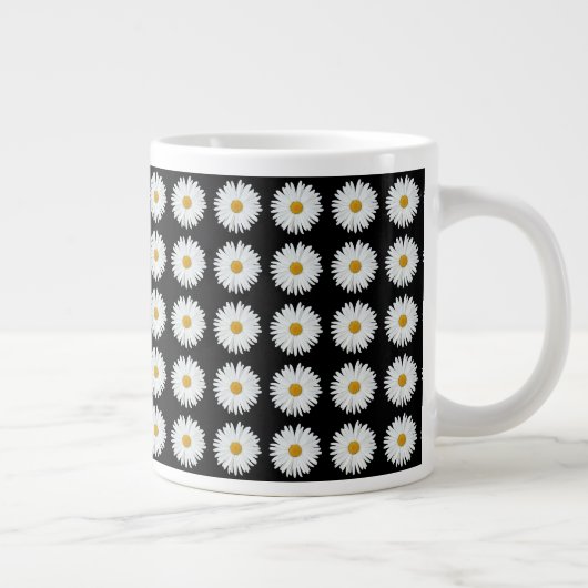White Daisy Floral Pattern on Black Extra Grote Beker (Rechts)