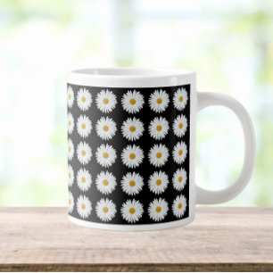 White Daisy Floral Pattern on Black Extra Grote Beker