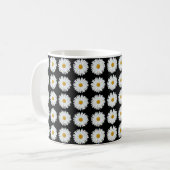 White Daisy Floral Pattern on Black Koffiemok (Voorkant links)