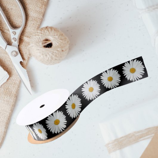 White Daisy Floral Pattern on Black Lint
