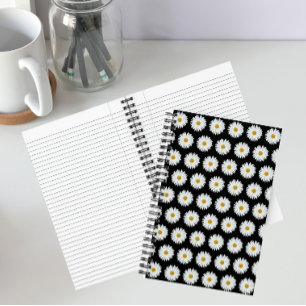 White Daisy Floral Pattern on Black Notitieboek
