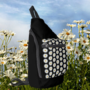 White Daisy Floral Pattern on Black Sling Bag