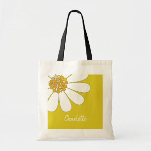 White Daisy Flower Personalize Name Birthday Tote Bag