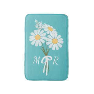 White Daisy Flowers Bouquet Monogram op Blauwgroen Badmat