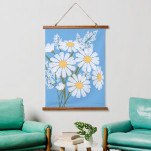 White Daisy Flowers Bouquet op Blue Hangend Wandkleed