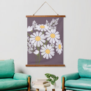 White Daisy Flowers Bouquet op Donker Paars Hangend Wandkleed
