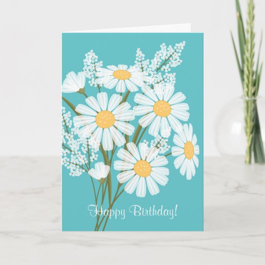 White Daisy Flowers op Blauwgroen Happy Birthday Kaart (Voorkant)