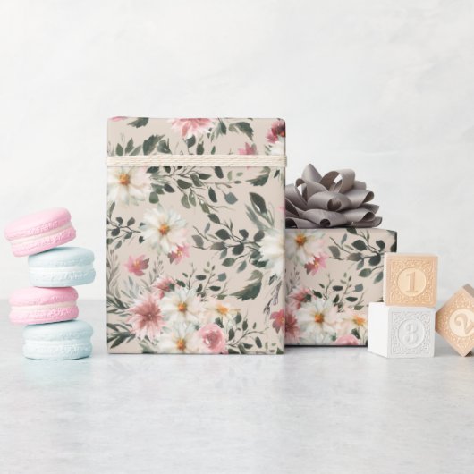 White Daisy met Mauve Garden Print Wrapping Paper Cadeaupapier (Baby Shower)