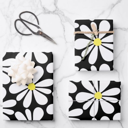 White Daisy on Black Floral Inpakpapier Vel