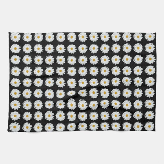 White Daisy on Black Floral Pattern Theedoek (Horizontaal)