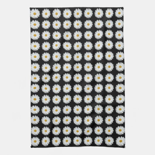 White Daisy on Black Floral Pattern Theedoek (Verticaal)