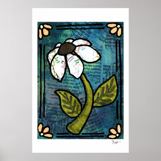 White Daisy on Blue Background - Collage Poster (Voorkant)