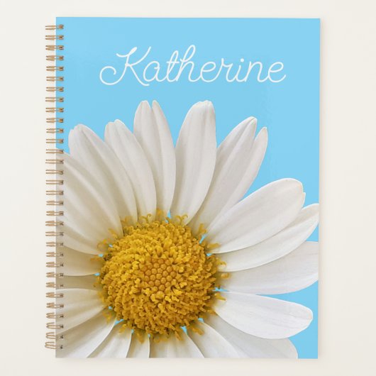 White Daisy op Sky Blue Custom Name Planner (Voorkant)