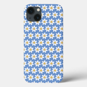 White Daisy Pattern on Blue iPhone 13 Hoesje