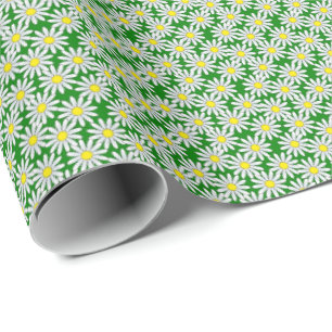 White Daisy Pattern on Green Wrapping Paper Cadeaupapier