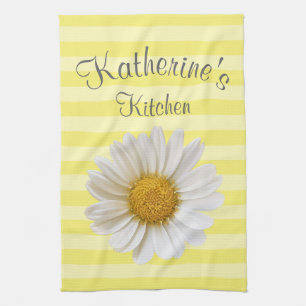 White Daisy Personalized Yellow Striped Theedoek