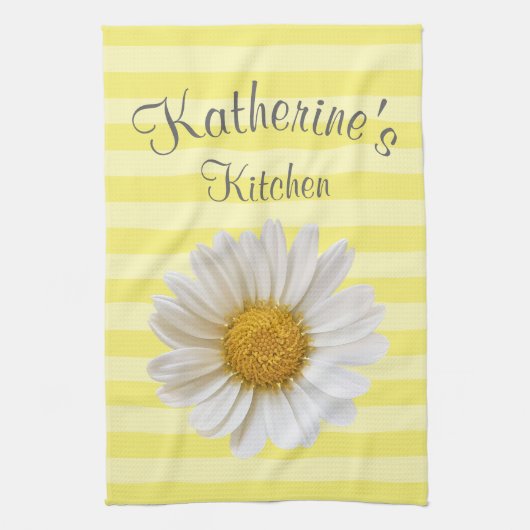 White Daisy Personalized Yellow Striped Theedoek (Verticaal)
