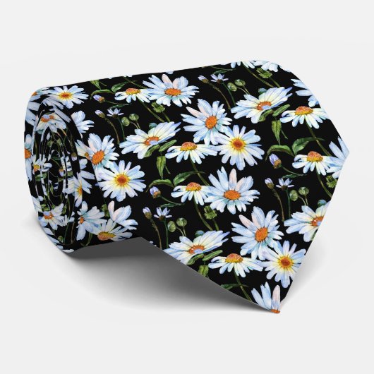 White Daisy Print Pattern Stropdas (Opgerold)