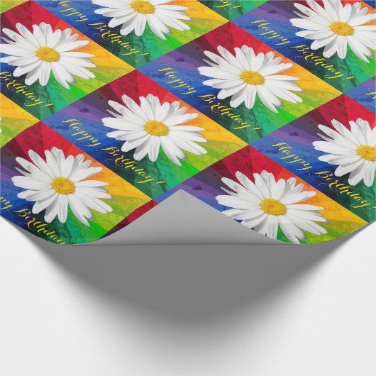 White Daisy Rainbow Happy Birthday! Verpakkingspap Cadeaupapier (Hoek)