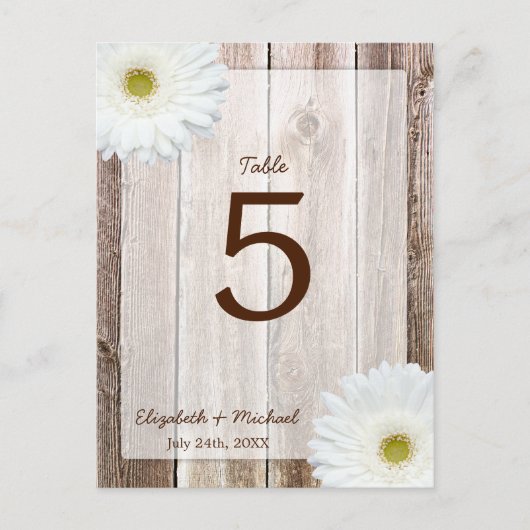 White Daisy Rustic Barn Wood Trouwtafel Nummer Briefkaart (Voorkant)