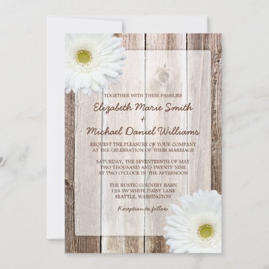 White Daisy Rustic Barn Wood Wedding Invitations Kaart (Voorkant)