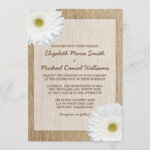 White Daisy Rustic Burlap Wedding Invitations Kaart