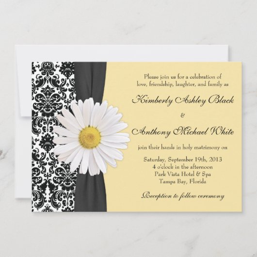 White Daisy Vintage Mariage damassé Invitation (Devant)