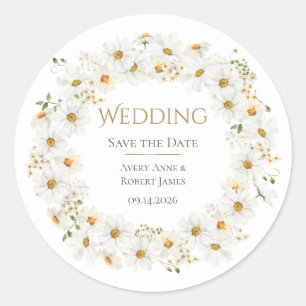 White Daisy WreatWaterverf Save the Date Ronde Sticker