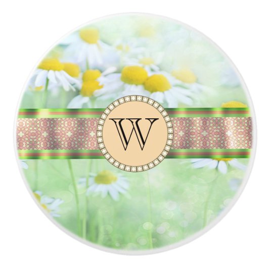 White Daisy's in Green Meadow Monogram Keramische Knop (Voorkant)
