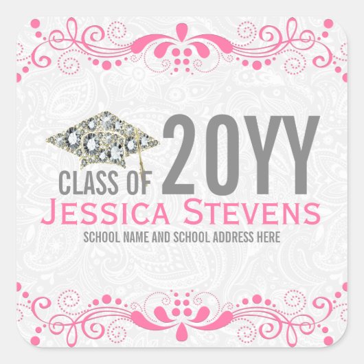 White Damascus Pink Lace & Diamonds Afstudeerder 2 Vierkante Sticker (Voorkant)