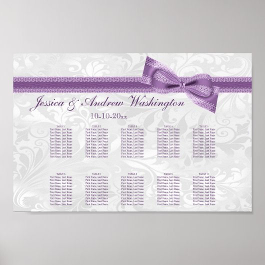 White Damask and Paars Faux Bow Seating Chart Poster (Voorkant)