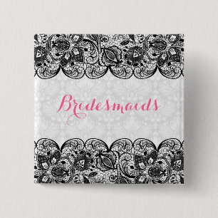 White Damask & Black Lace Bridesmaids Button