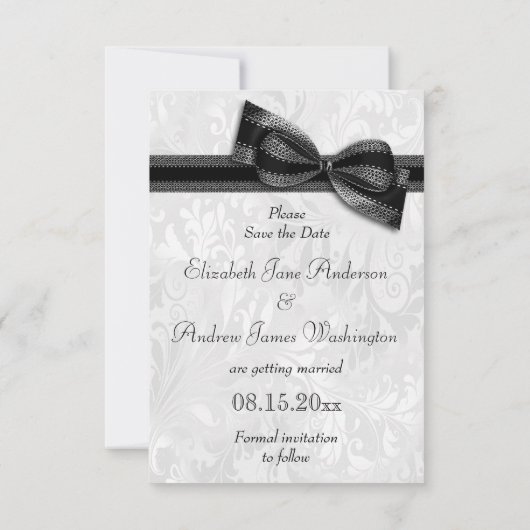 White Damask en Faux Bow bewaren de datum Kaart (Achterkant)