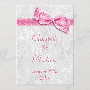 White Damask en Faux Pink Bow Wedding Kaart