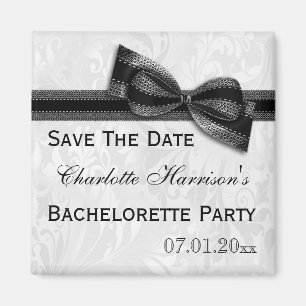 White Damask & Faux Bow Bachelorette Save the Date Magneet