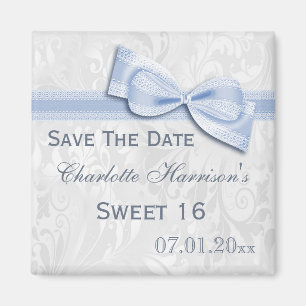 White Damask & Faux Bow Sweet 16 Save the Date Magneet