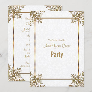 White Damask & Gold All Occasion Party Invitation Kaart