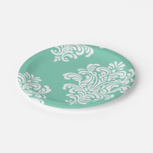 White Damask op Aqua Pattern Papieren Bordje (Gekanteld)