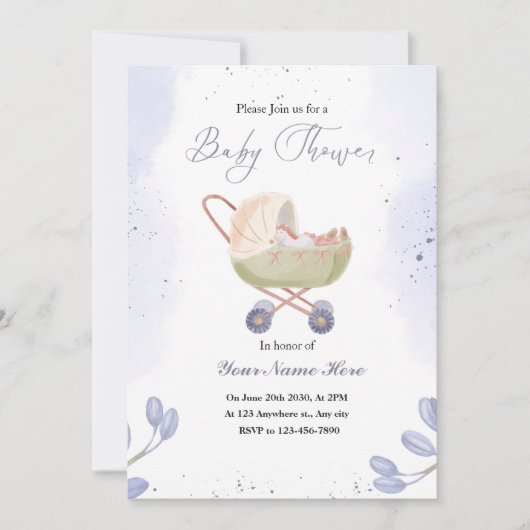 White Dark Purple Bébé Douche Invitations (Devant)