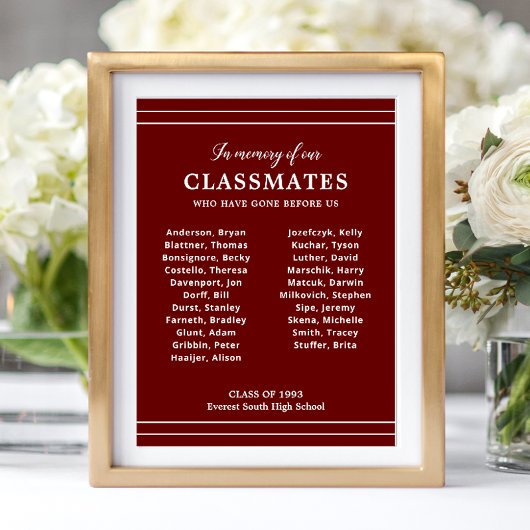 White Dark Red in Memory of Class Reunion Memorial Poster