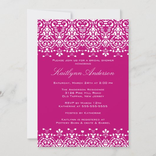 White & Deep Pink Damask Bridal Shower Uitnodiging (Voorkant)