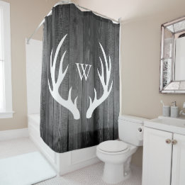 White Deer Antlers Dark Gray Barn Wood Monogram Douchegordijn