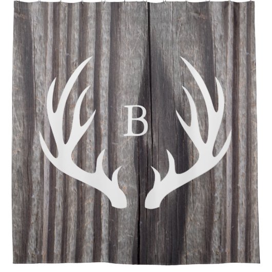 White Deer Antlers Weathered Wood Monogram Douchegordijn (Voorkant)