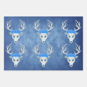 White Deer Head Antlers  Rozen Misty Blues Inpakpapier Vel