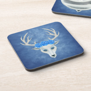White Deer Head Blue Mysterious Eyes Antlers Rozen Bier Onderzetter