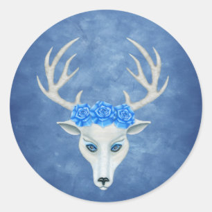 White Deer Head Face Blue Eyes Rozen Antlers Ronde Sticker