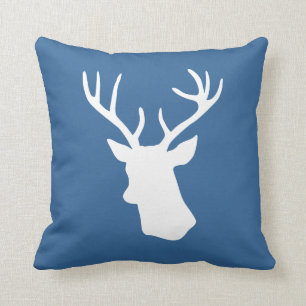 White Deer Head Silhouette - Donkerblauw Kussen